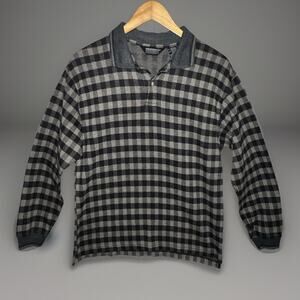 Knightbridge Black Gray Plaid Knit Longsleeve Polo Shirt Mens M Contrast Trim